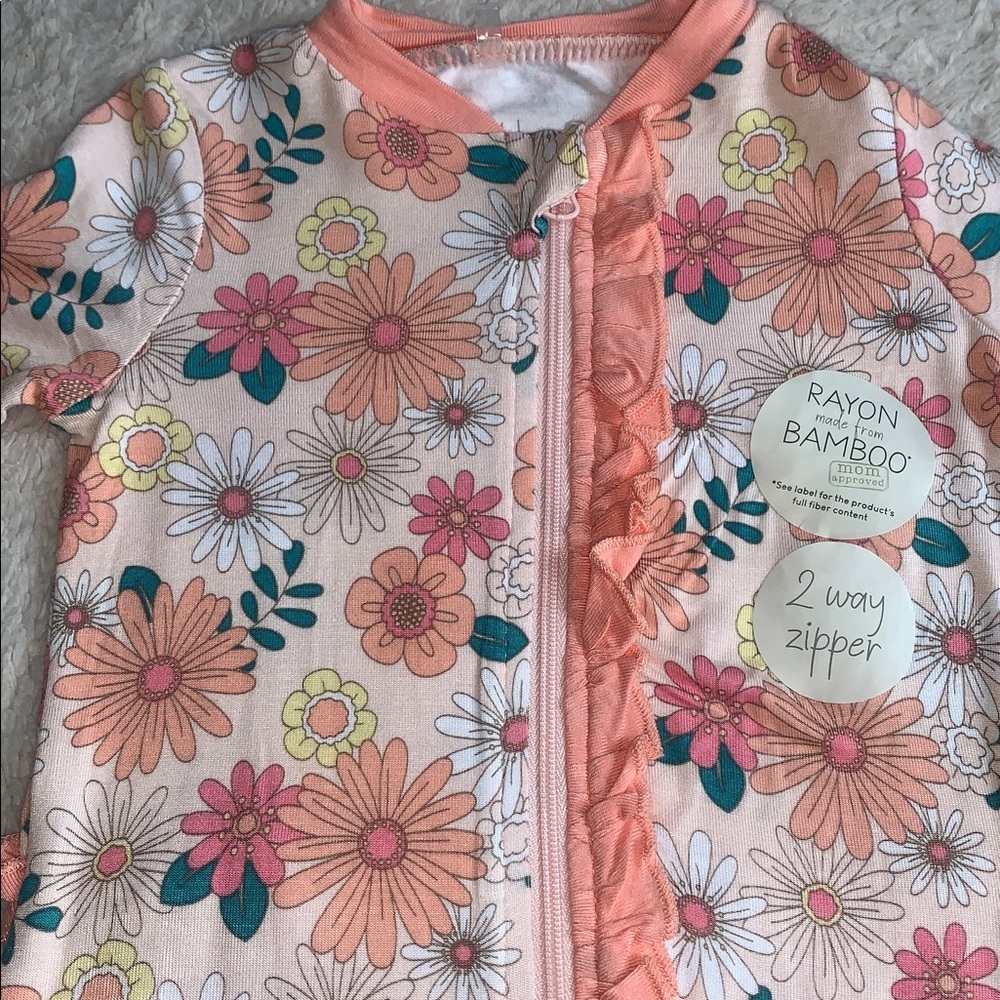 NWT Milkberry Orange Floral Footie Set 0-3M Bamboo w/ Headband - Picture 5 of 8